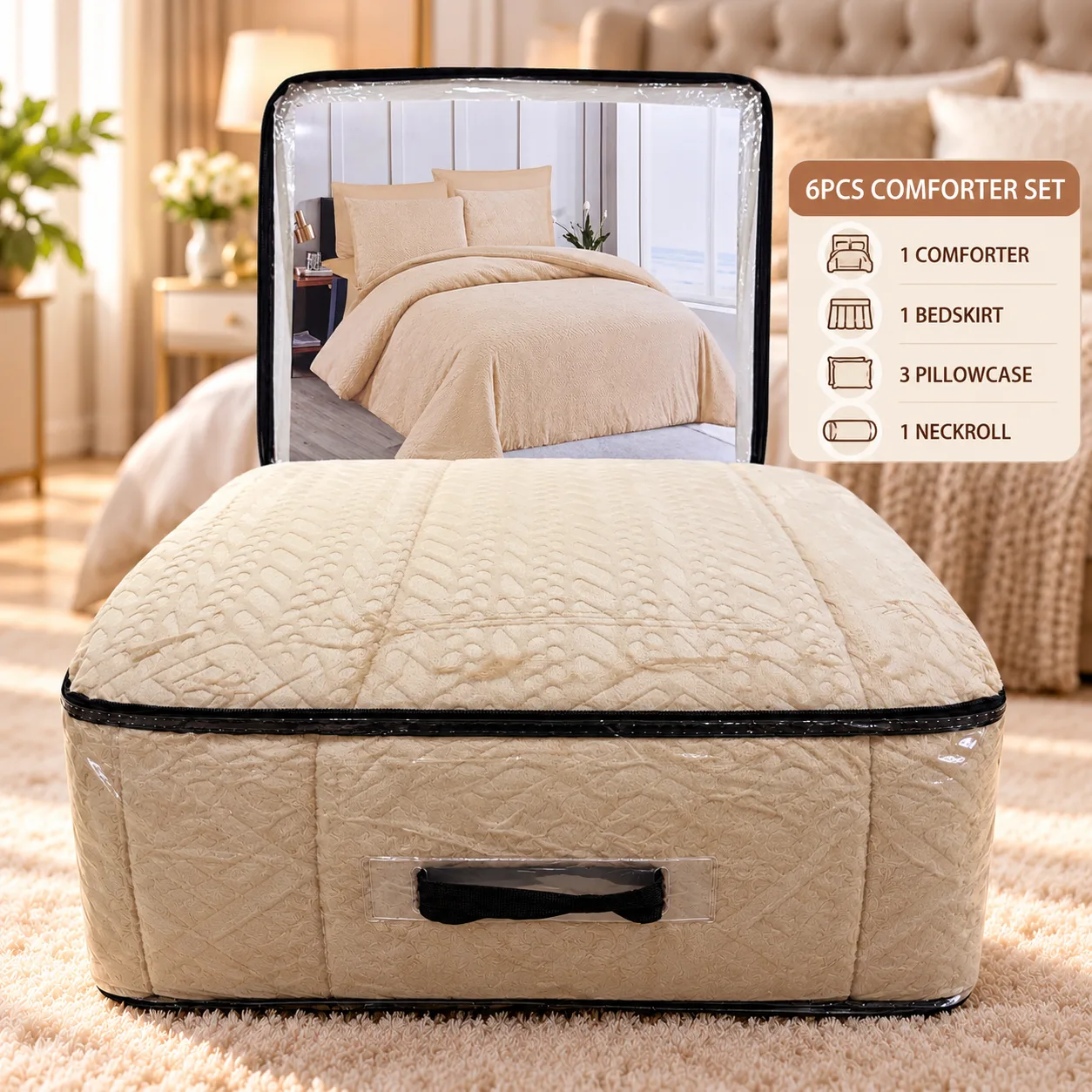 Cream beige 6-piece bed sheet and comforter set with a prominent pattern