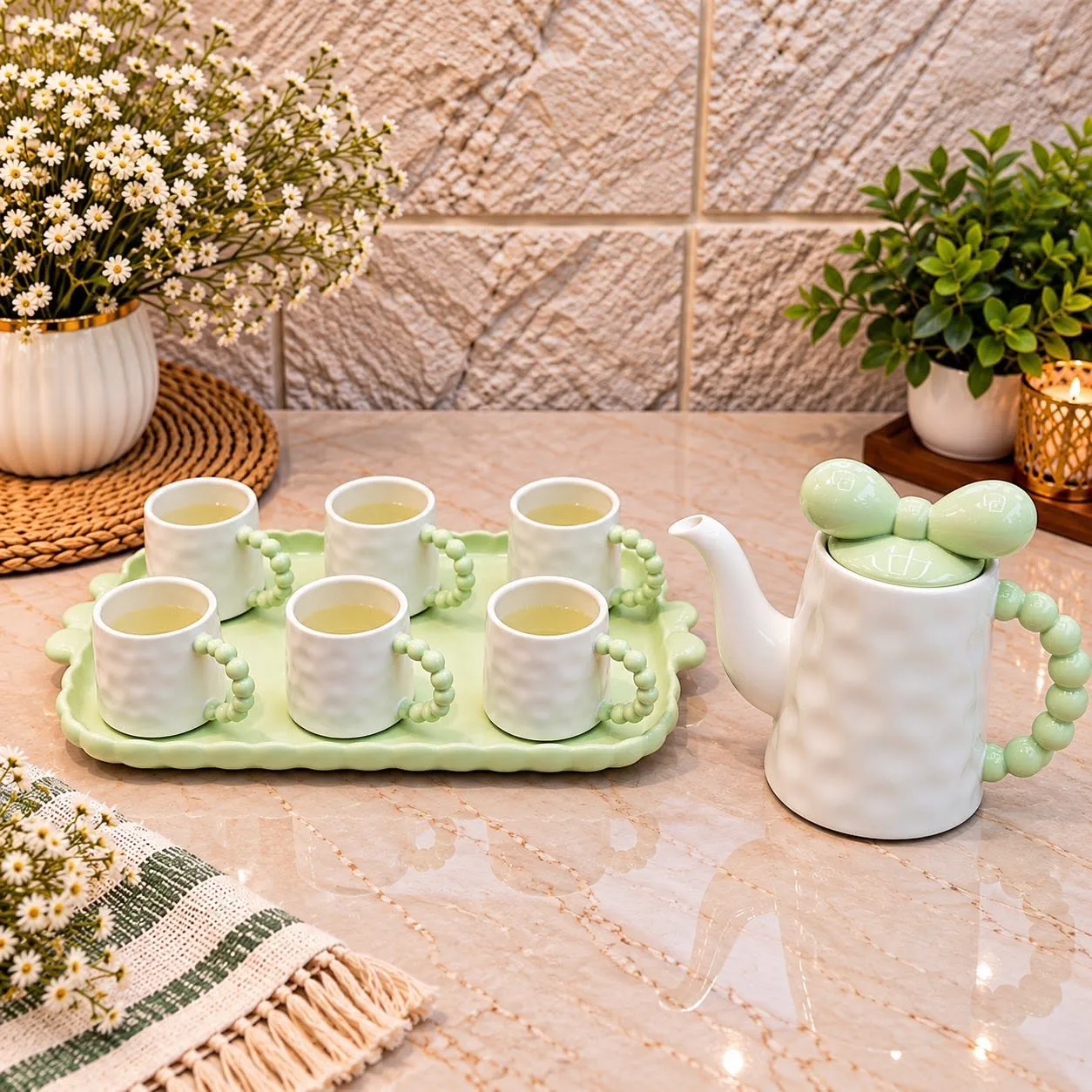 Mint green 8-piece tea set with tray