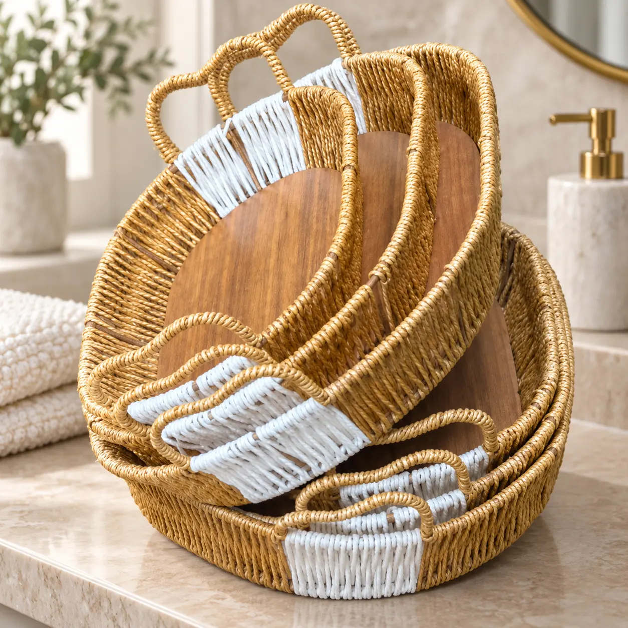 3-Piece Woven Serving Tray Set with Handles