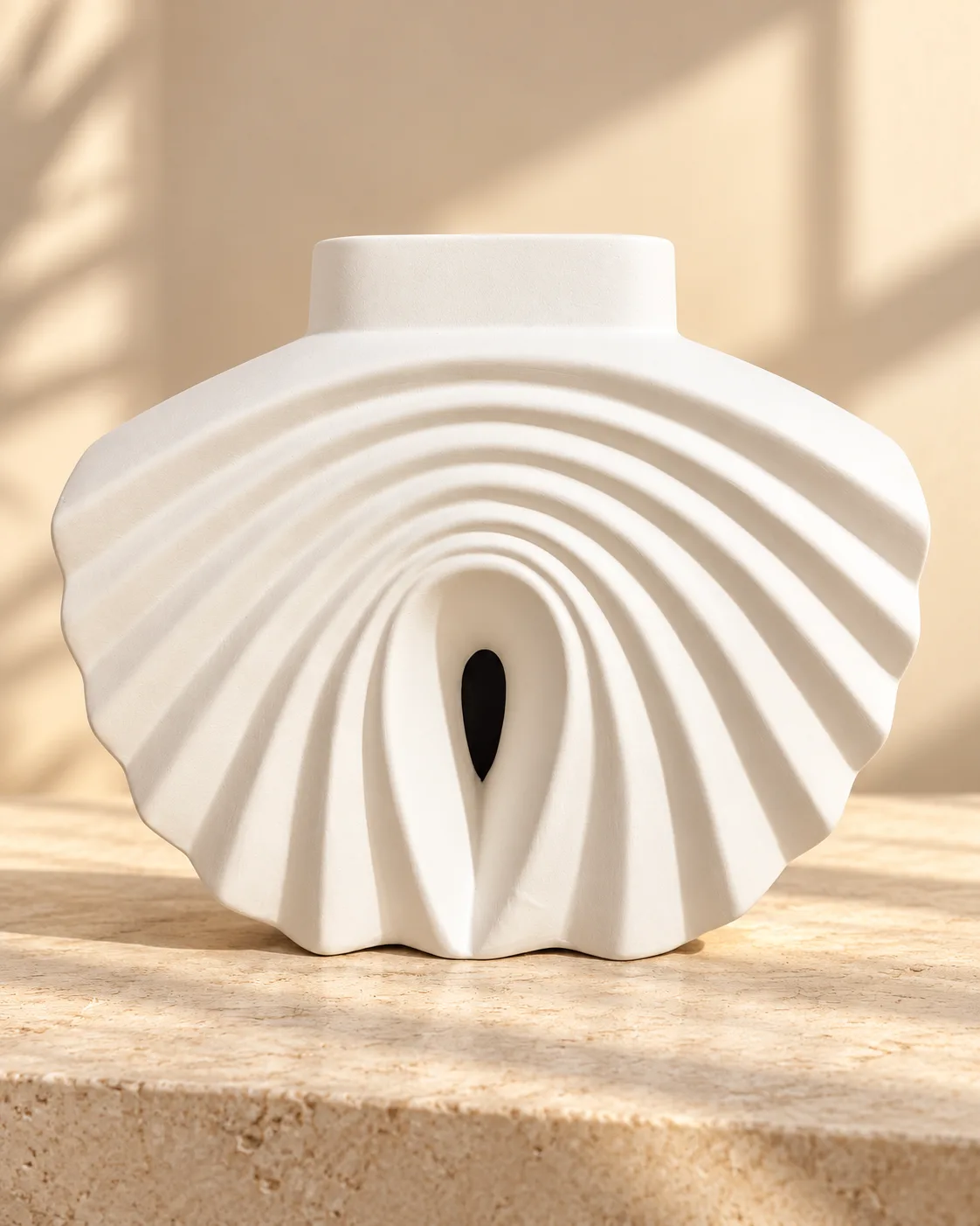 White decorative vase with a seashell and ripple design