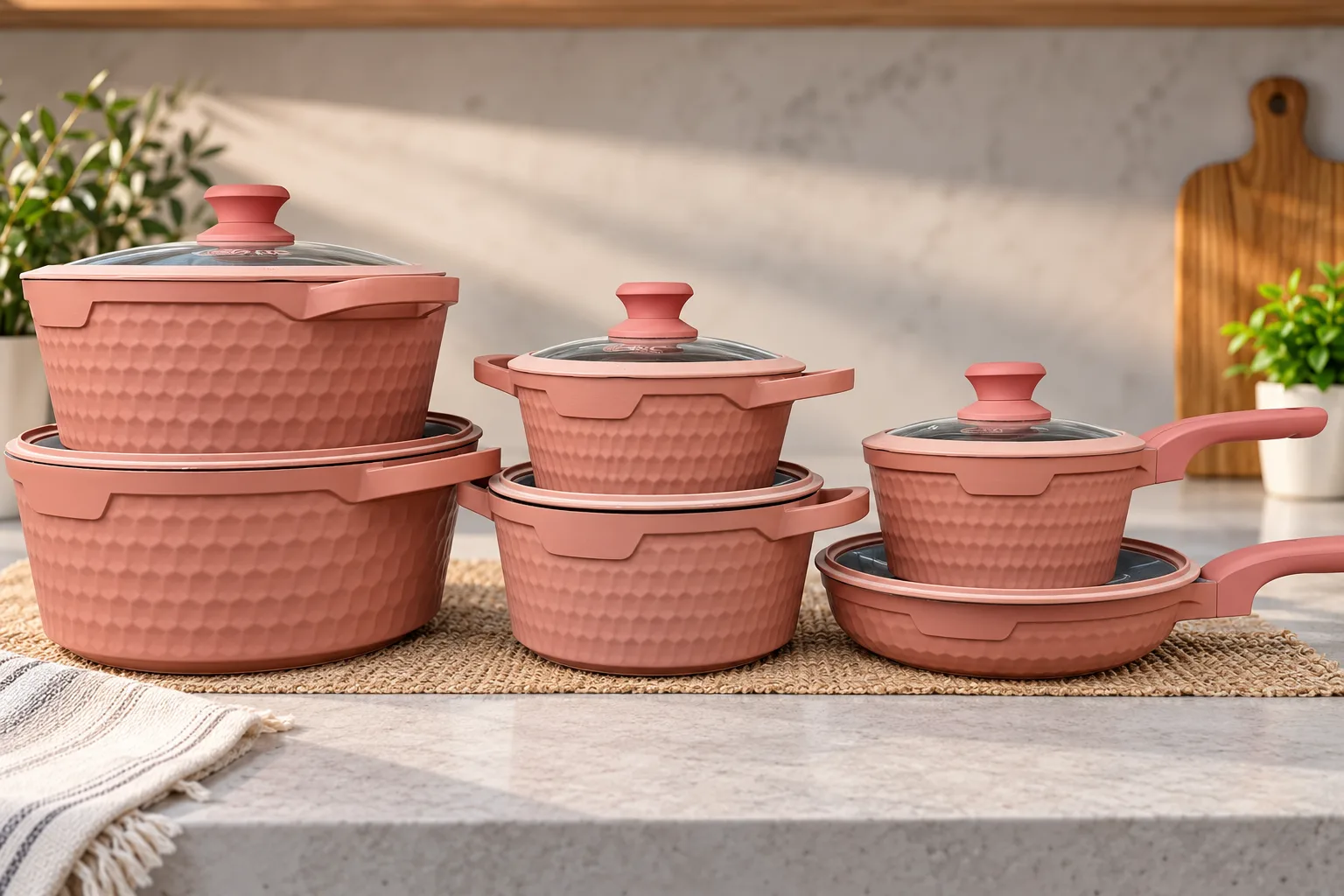 Coral pink 12-piece pot and cookware set with glass lids: 6 cooking pots + 6 lids