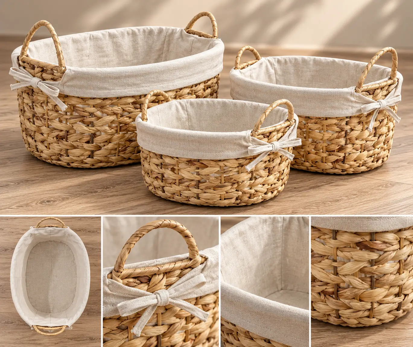 3-Piece Oval Woven Storage Basket Set with Fabric Lining and Handles