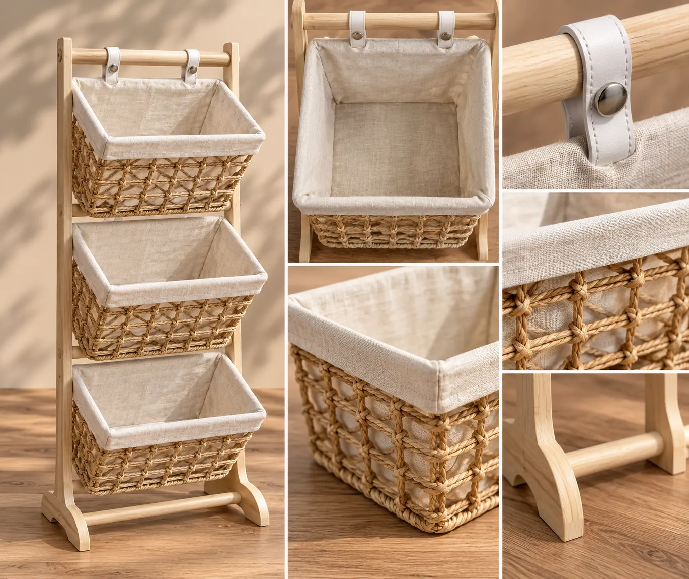 3 Woven Basket Standing Storage Organizer with Wooden Stand
