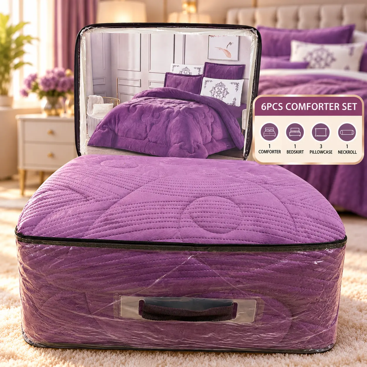 6-piece purple bedsheet and comforter set with a prominent pattern