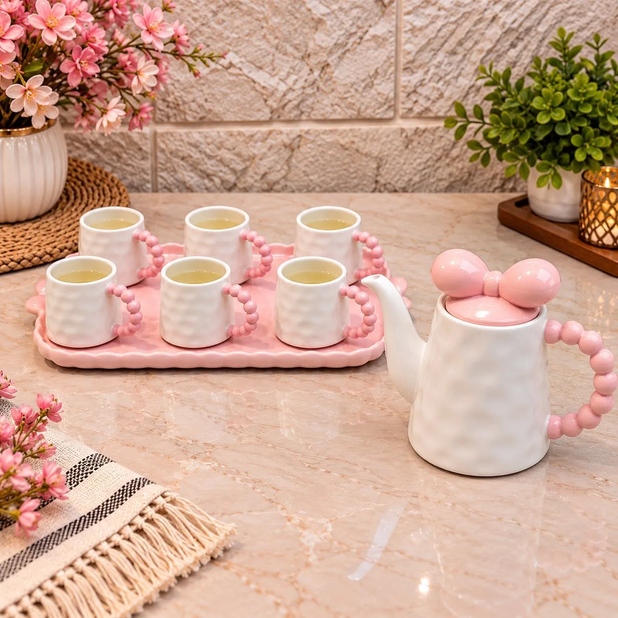 White and pink 8-piece tea set with tray