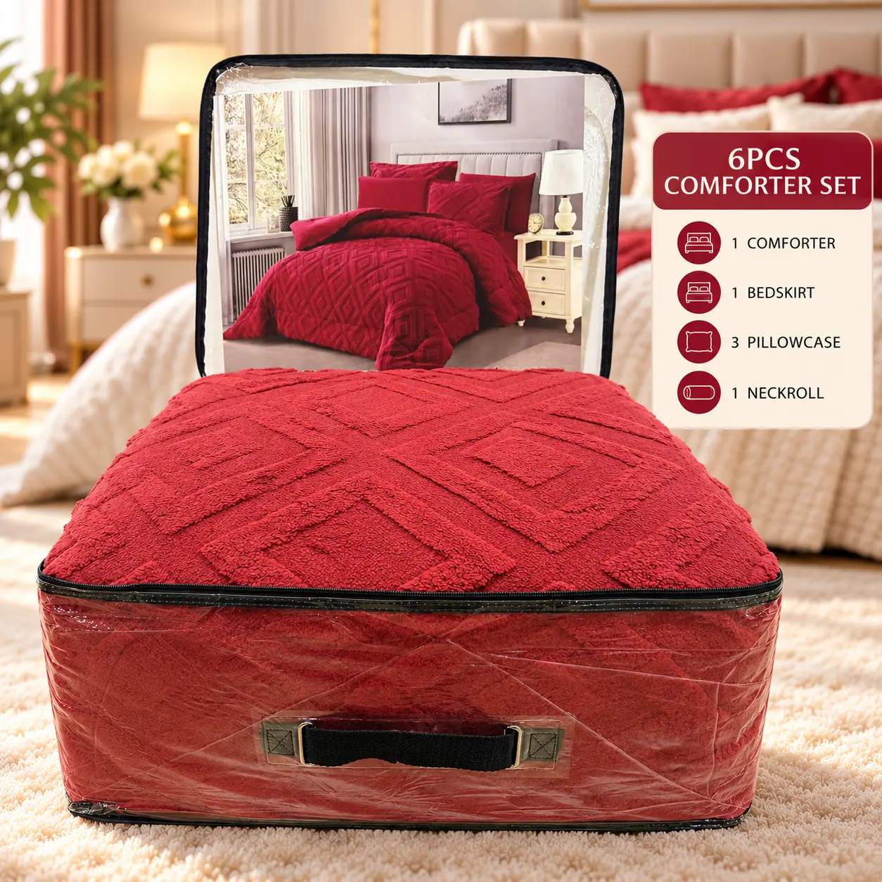 6-piece burgundy bedspread and comforter set with a prominent geometric pattern