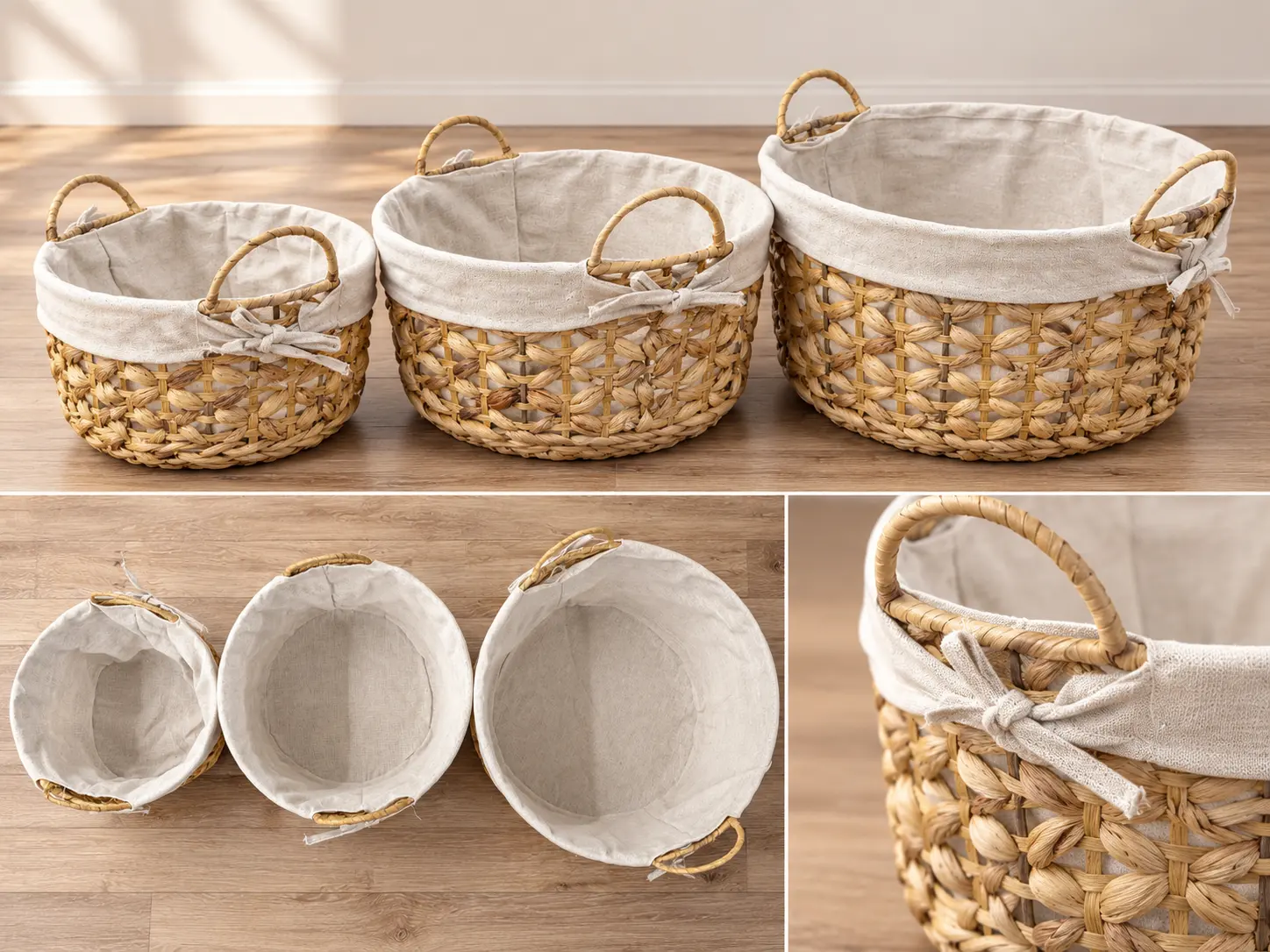 3-Piece Woven Storage Basket Set with Fabric Lining and Handles