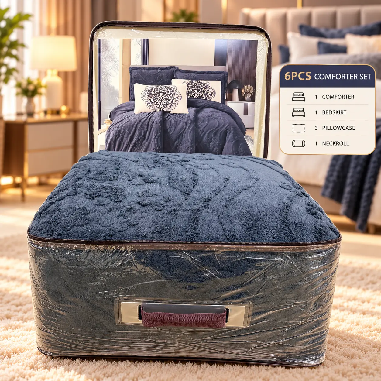 6-piece navy blue bedspread and comforter set with a prominent pattern