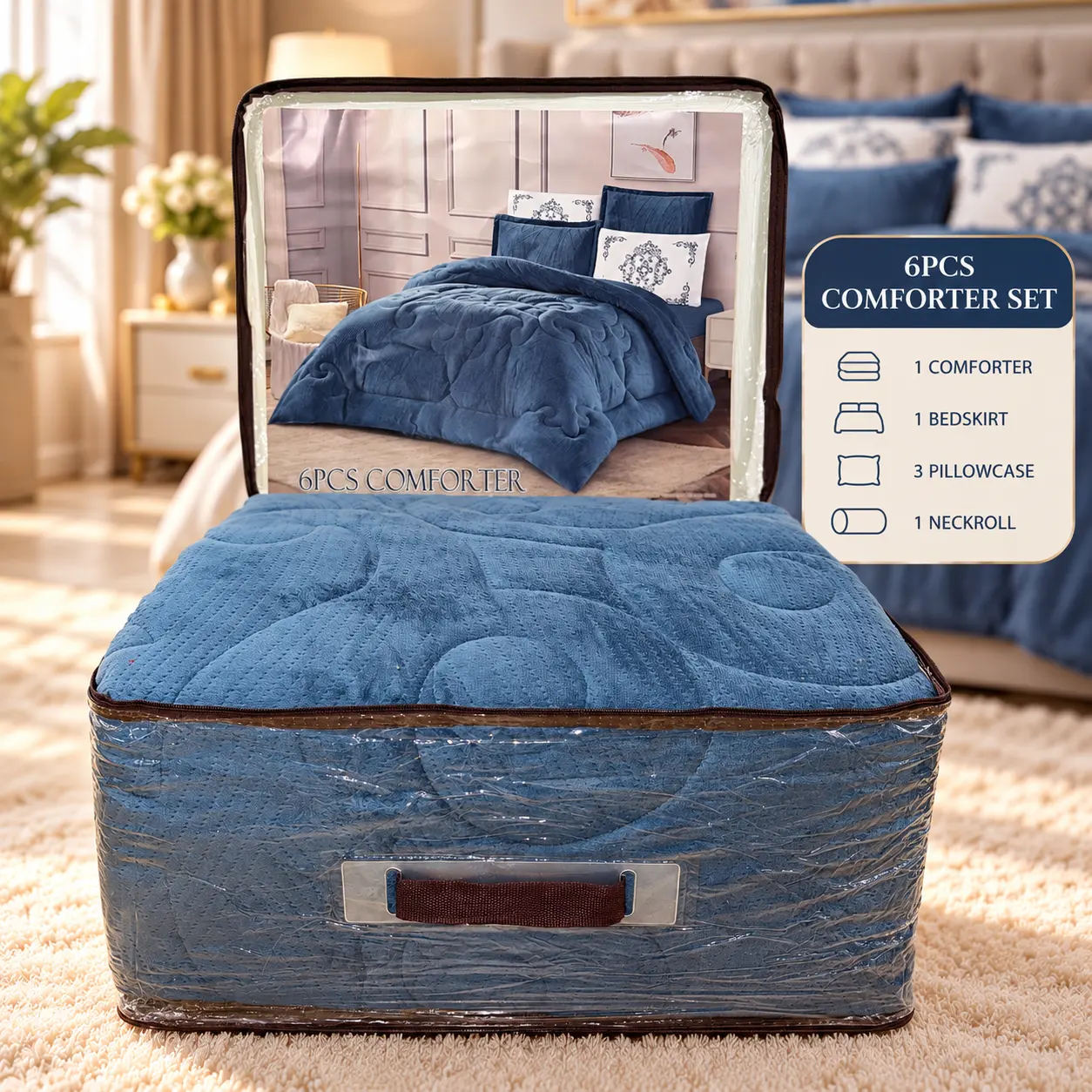 6-piece blue bedspread and comforter set with a prominent pattern
