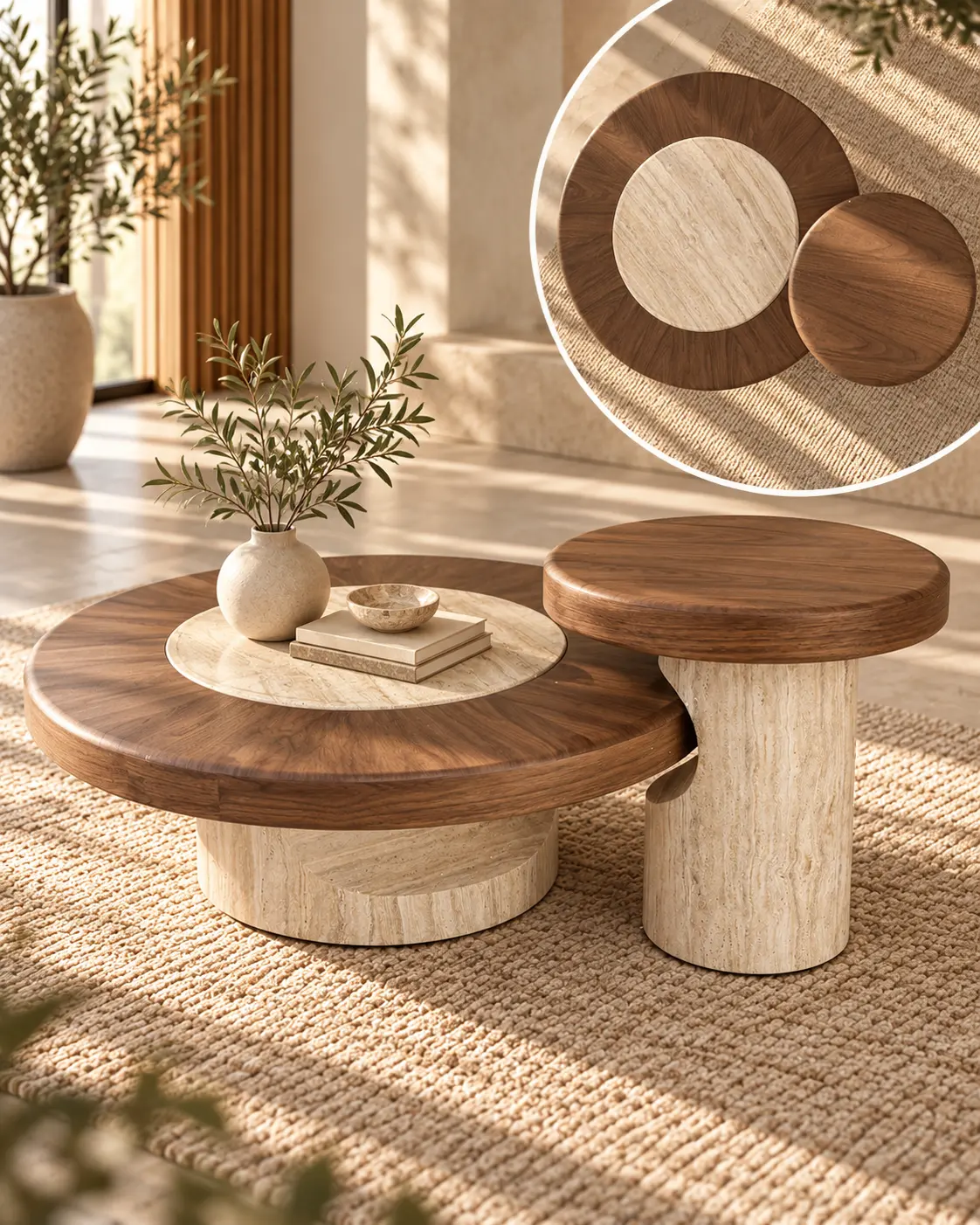 A two-piece round coffee table set with a wooden and stone design