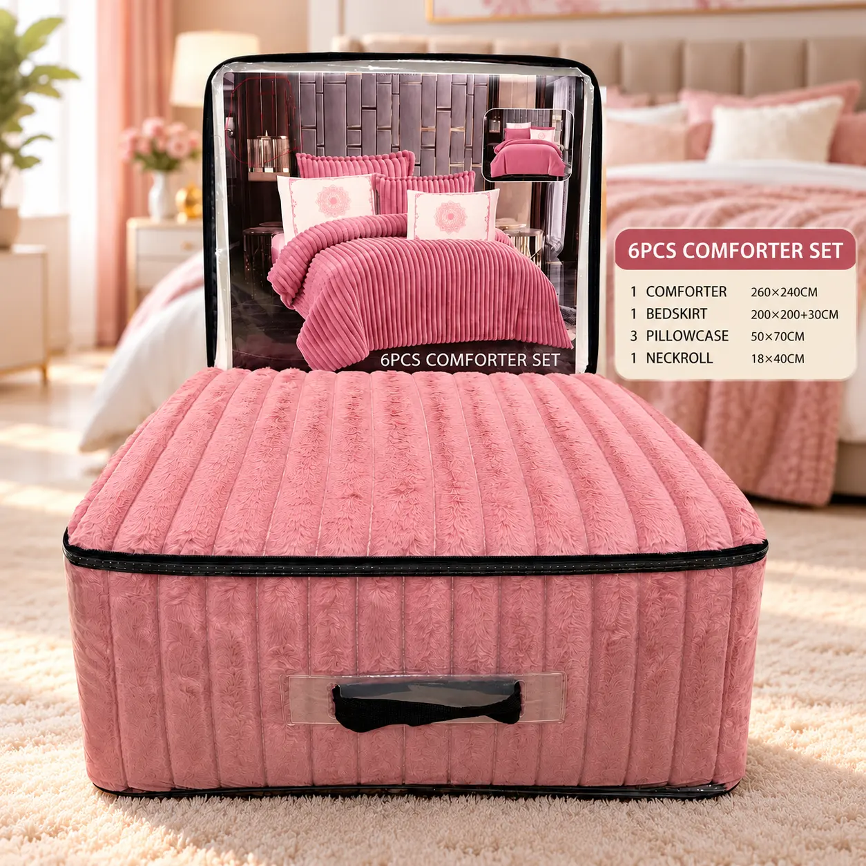 Dusty pink 6-piece bed sheet and comforter set, size 260 x 240 cm