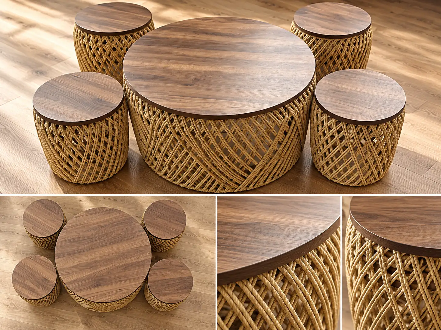 5-piece round coffee table set with rattan and wood design