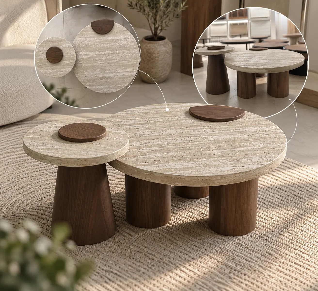 A set of two-piece beige stone and wooden circular coffee tables