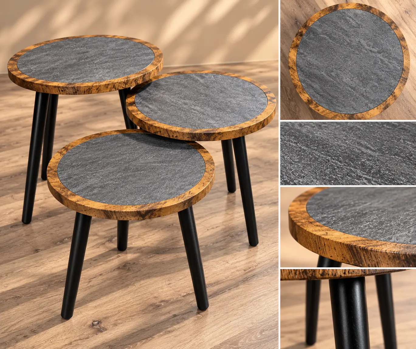 Stone gray 3-piece round side table set with wooden frame and black legs