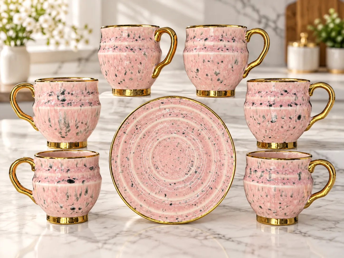 12-piece coffee and tea cup set, pink dotted with gold details
