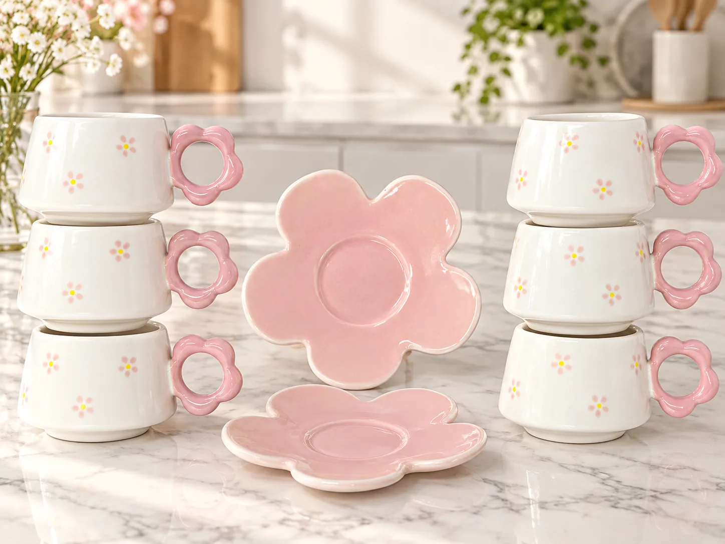 12-piece white and pink coffee and tea cup set with floral design