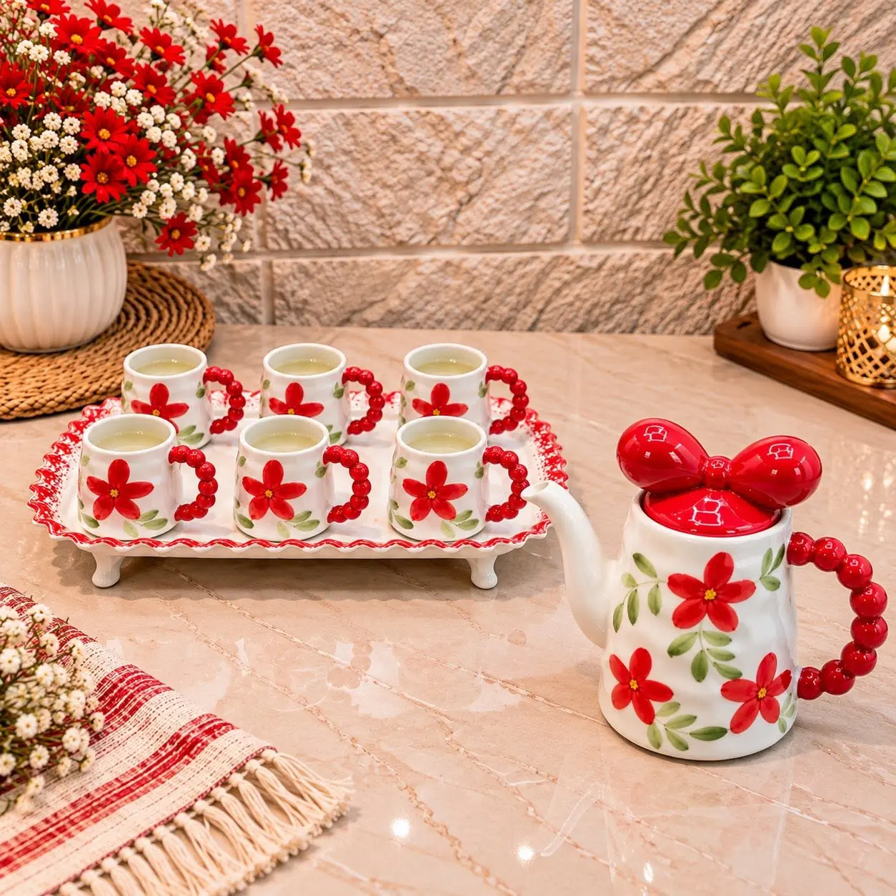 8 Piece Red Flower Decorative Tea Set with Tray