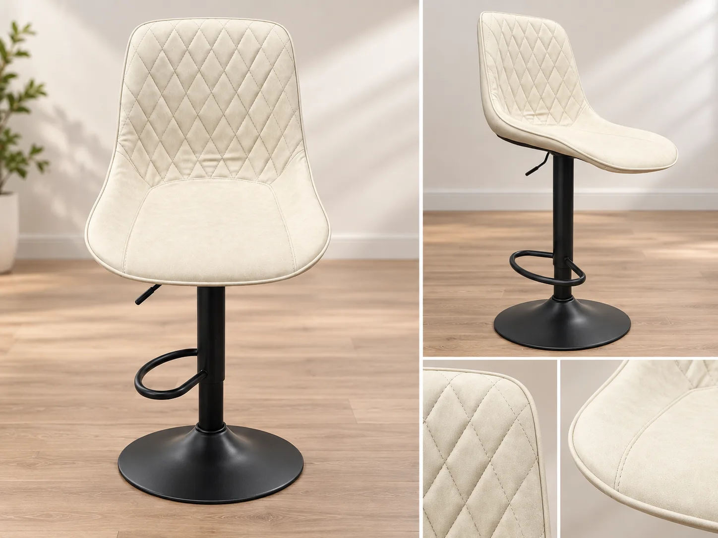 Height-adjustable cushioned cream bar stool with diamond stitching and black base