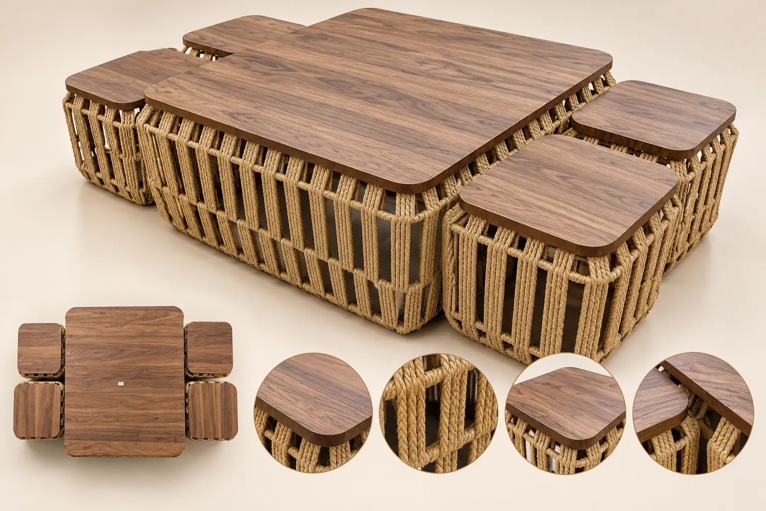 Wooden 5-piece coffee table set with woven rattan design