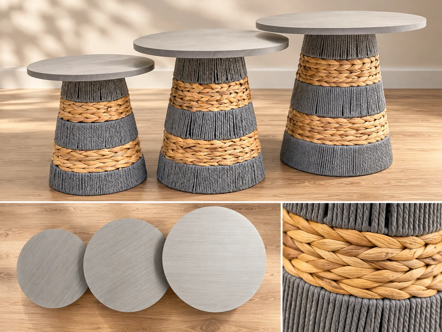 Gray 3-piece round table set with natural woven design
