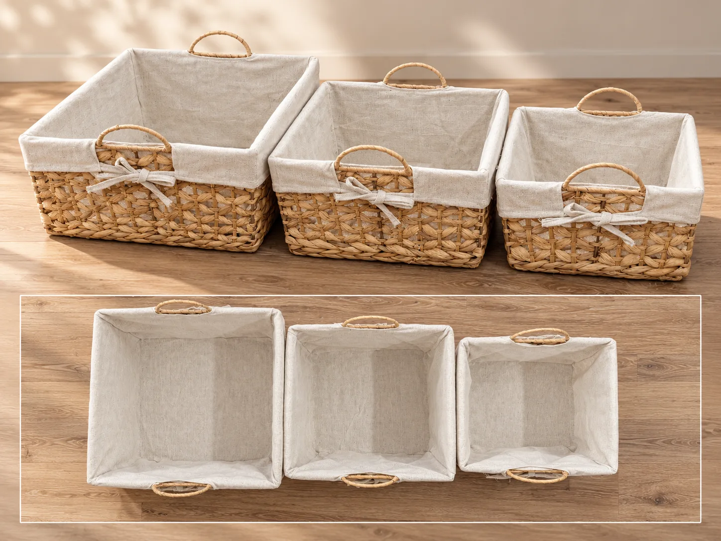 3-Piece Woven Storage Basket Set with Fabric Lining and Handles