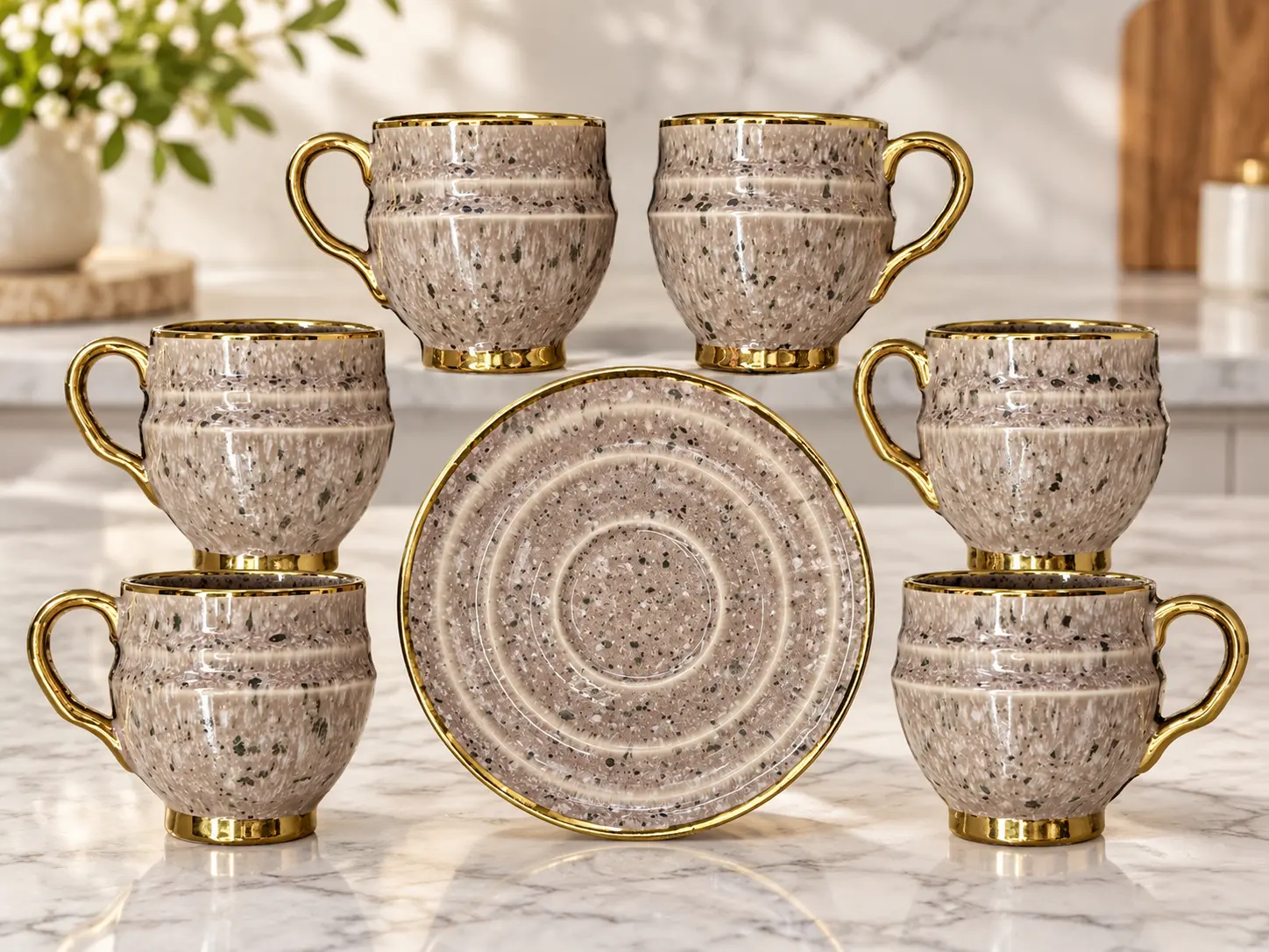 A set of 12-piece coffee and tea cups, beige dotted with gold details