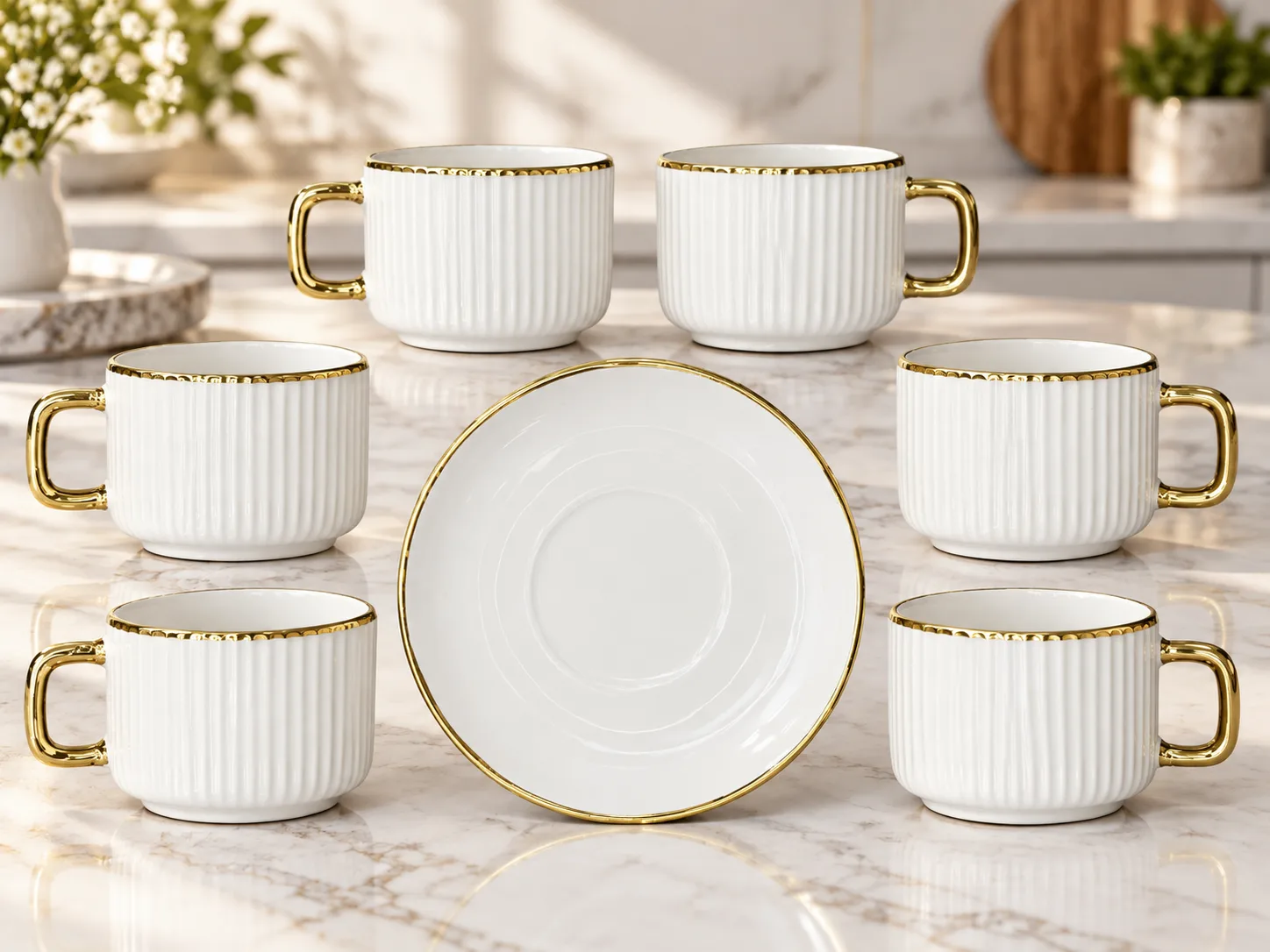 A set of 12-piece white coffee and tea cups with prominent lines and gold details