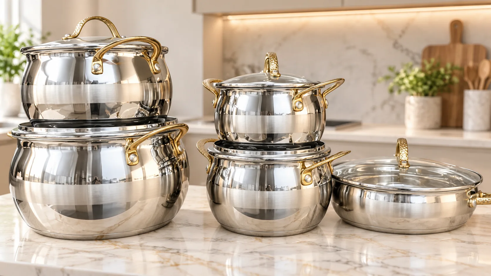 A 10-piece silver pot and cookware set with gold accents