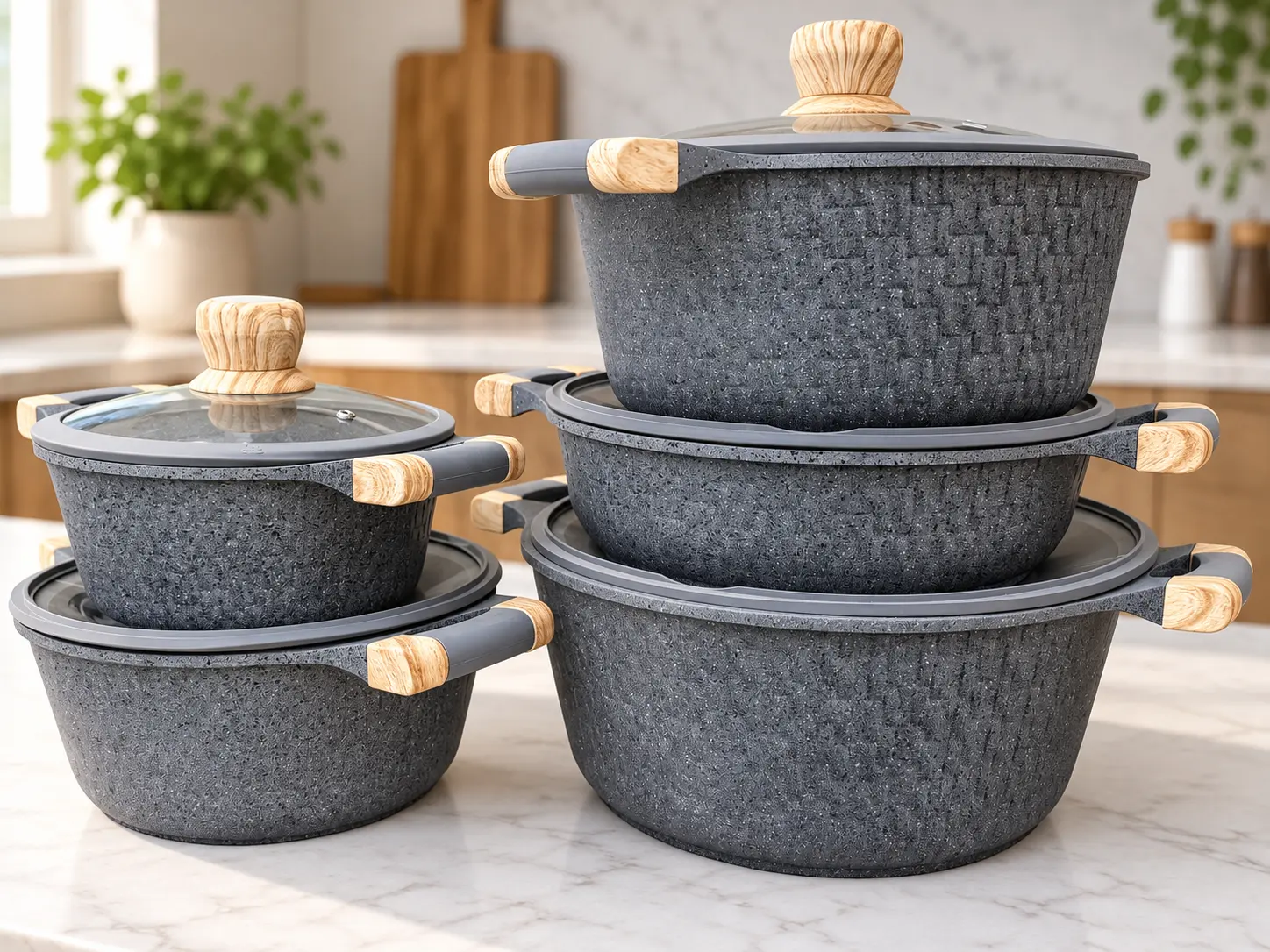 10-piece stoneware gray pot set with wooden handles and glass lids