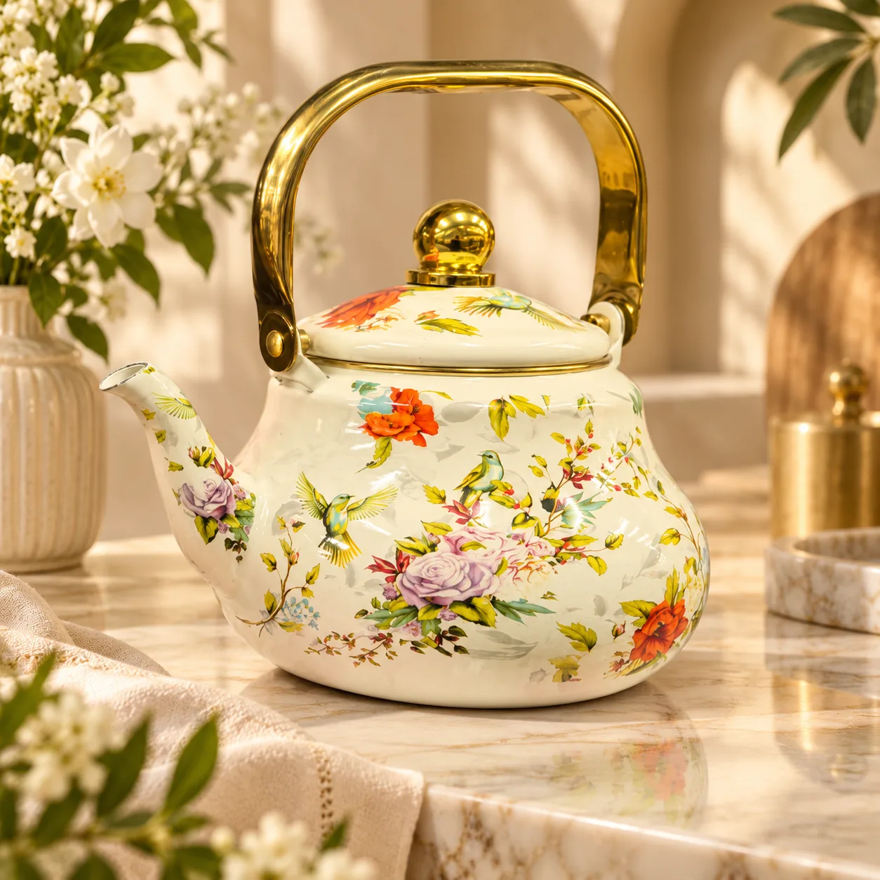 Teapot decorated with flowers and birds with a gold handle