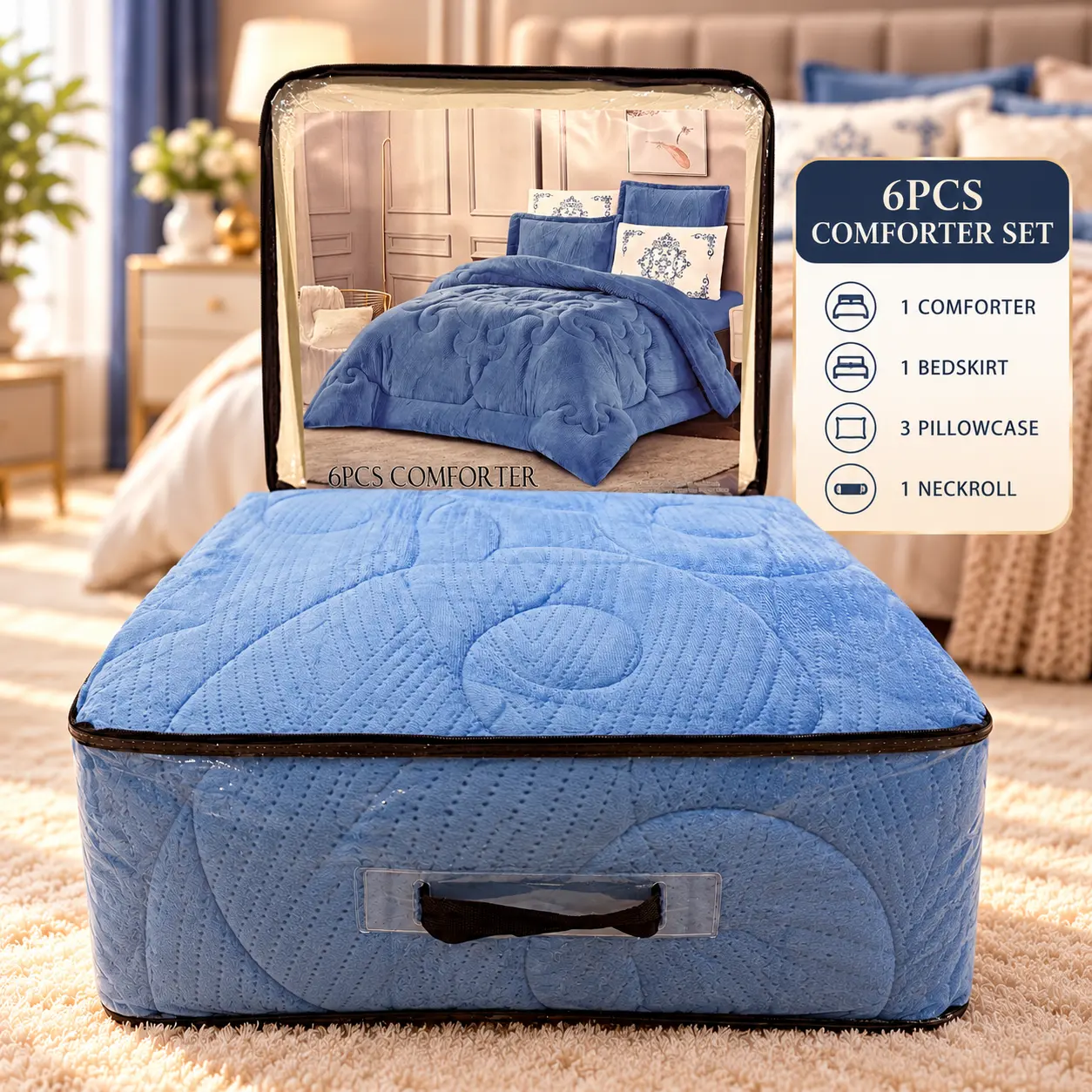 Sky blue 6-piece bed sheet and comforter set with a prominent pattern