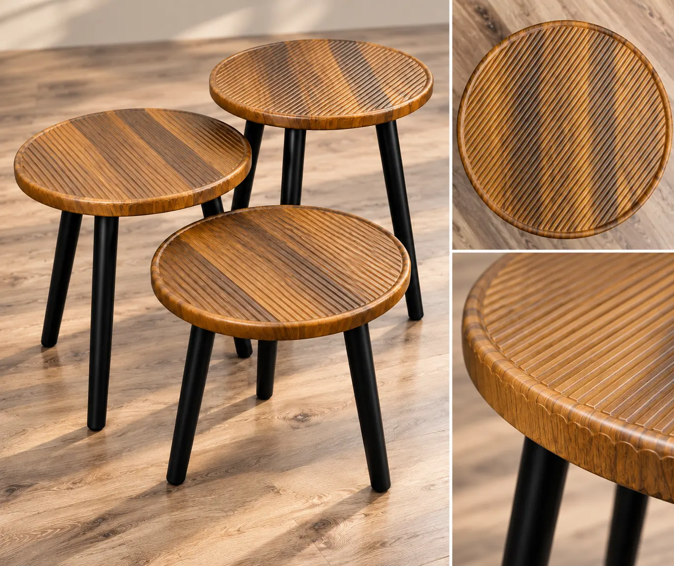 Wooden 3-piece round side table set with black legs