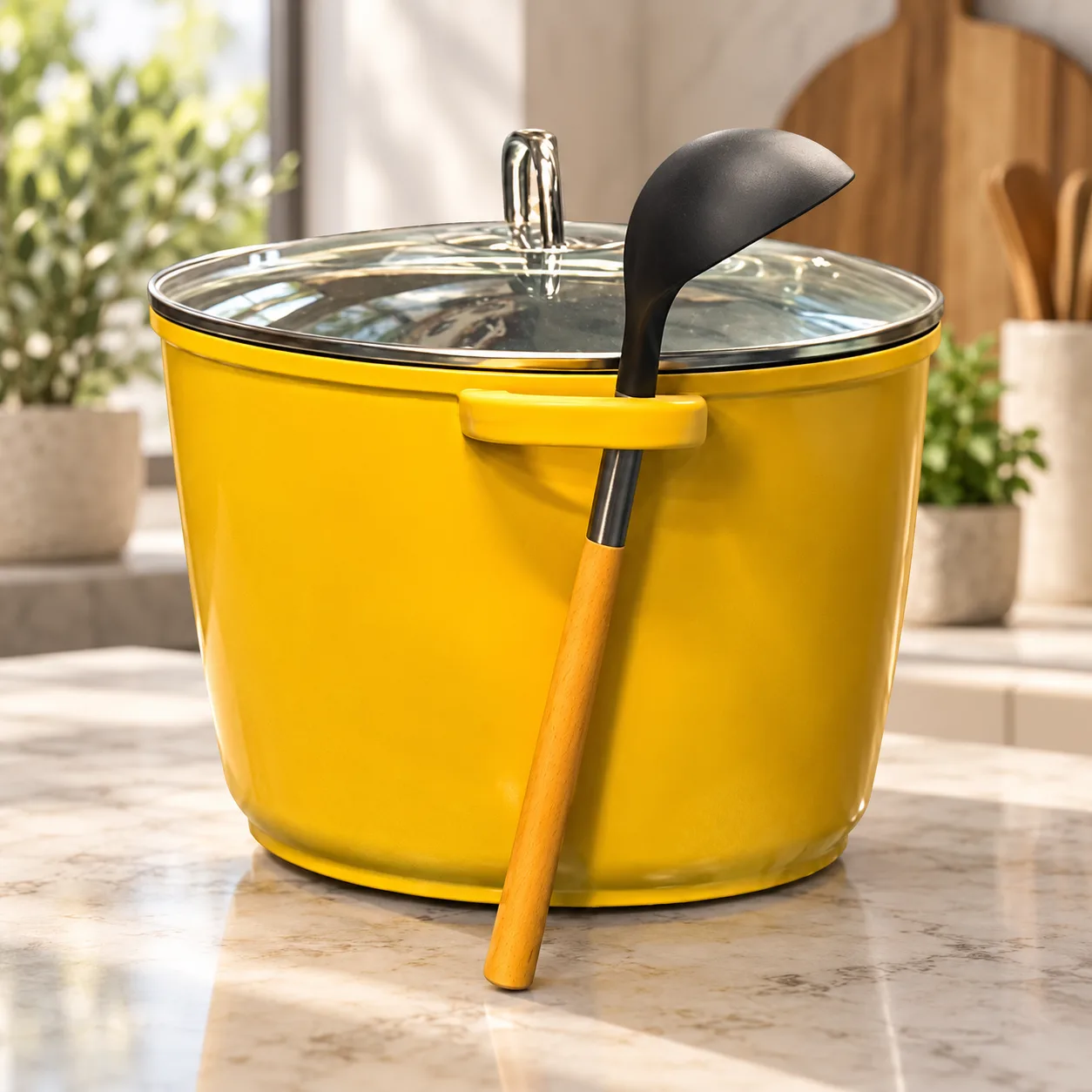 Yellow Cooking Pot with Lid and Ladle 3pcs