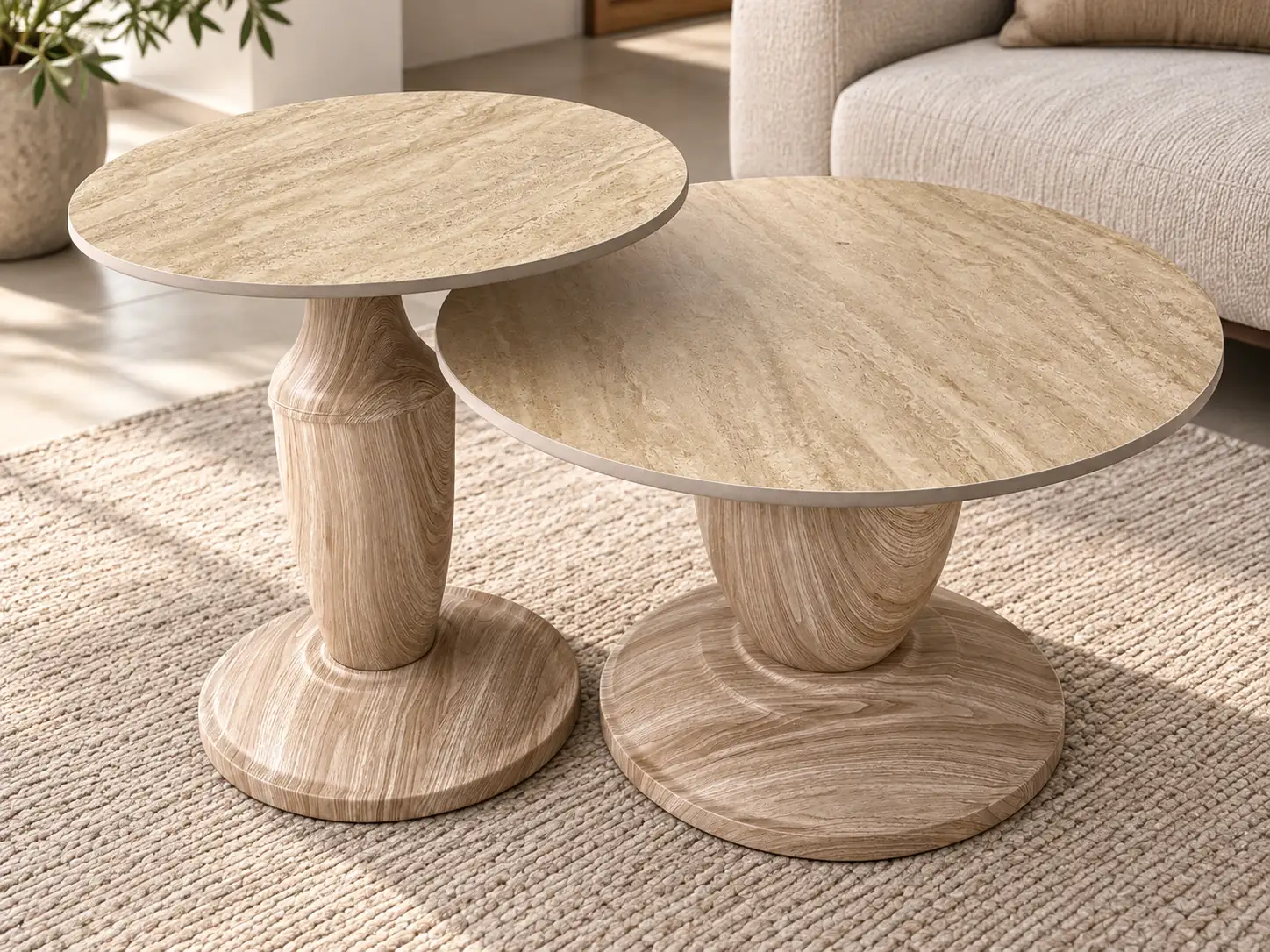 A set of two-piece circular coffee tables, beige stone and light wood