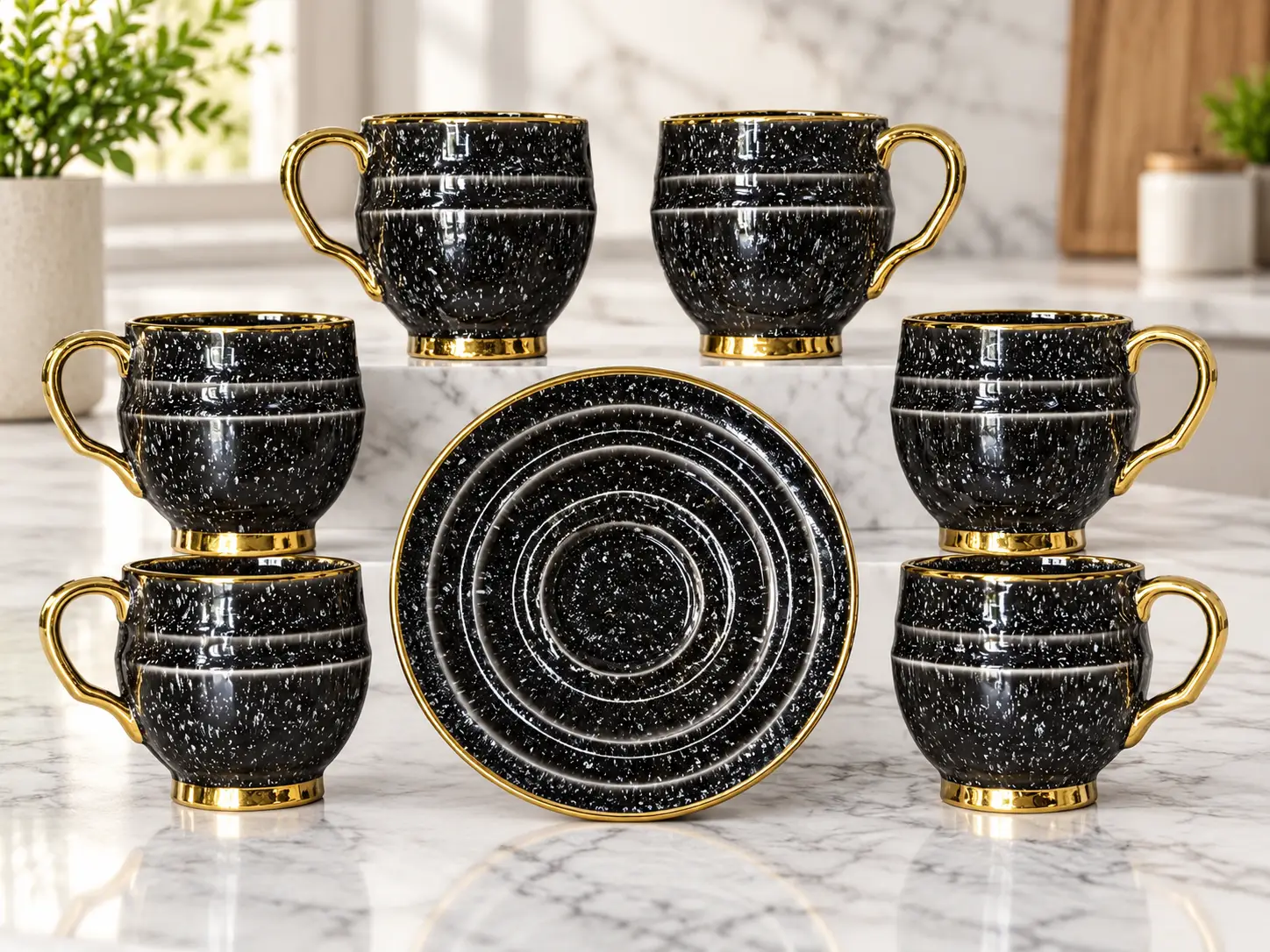 12-piece coffee and tea cup set, black dotted with gold details
