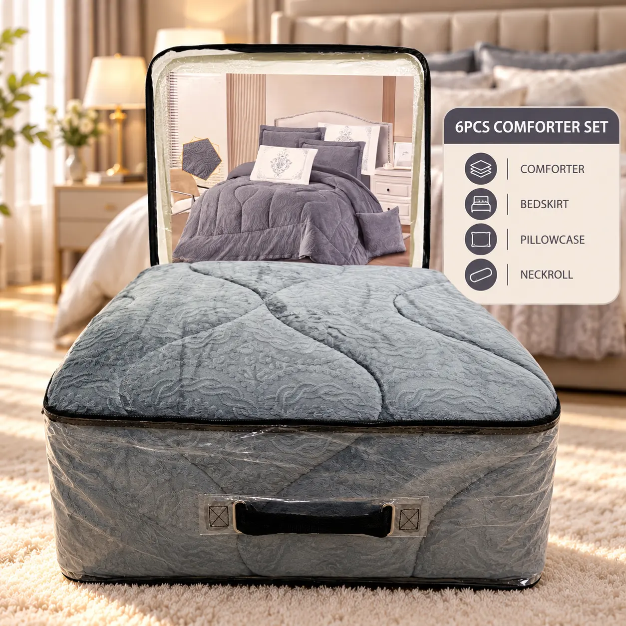 Silver gray 6-piece bed sheet and comforter set with a prominent pattern