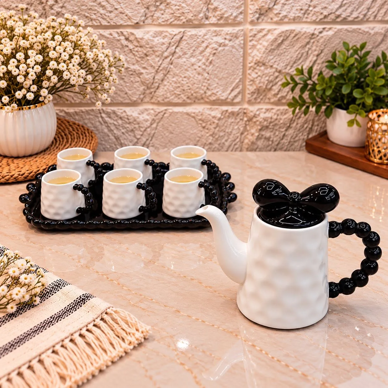 Black and white 8-piece tea set with tray