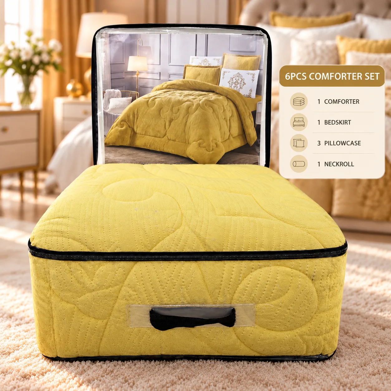 6-Piece Mustard Yellow Bedding and Comforter Set with Embellished Pattern
