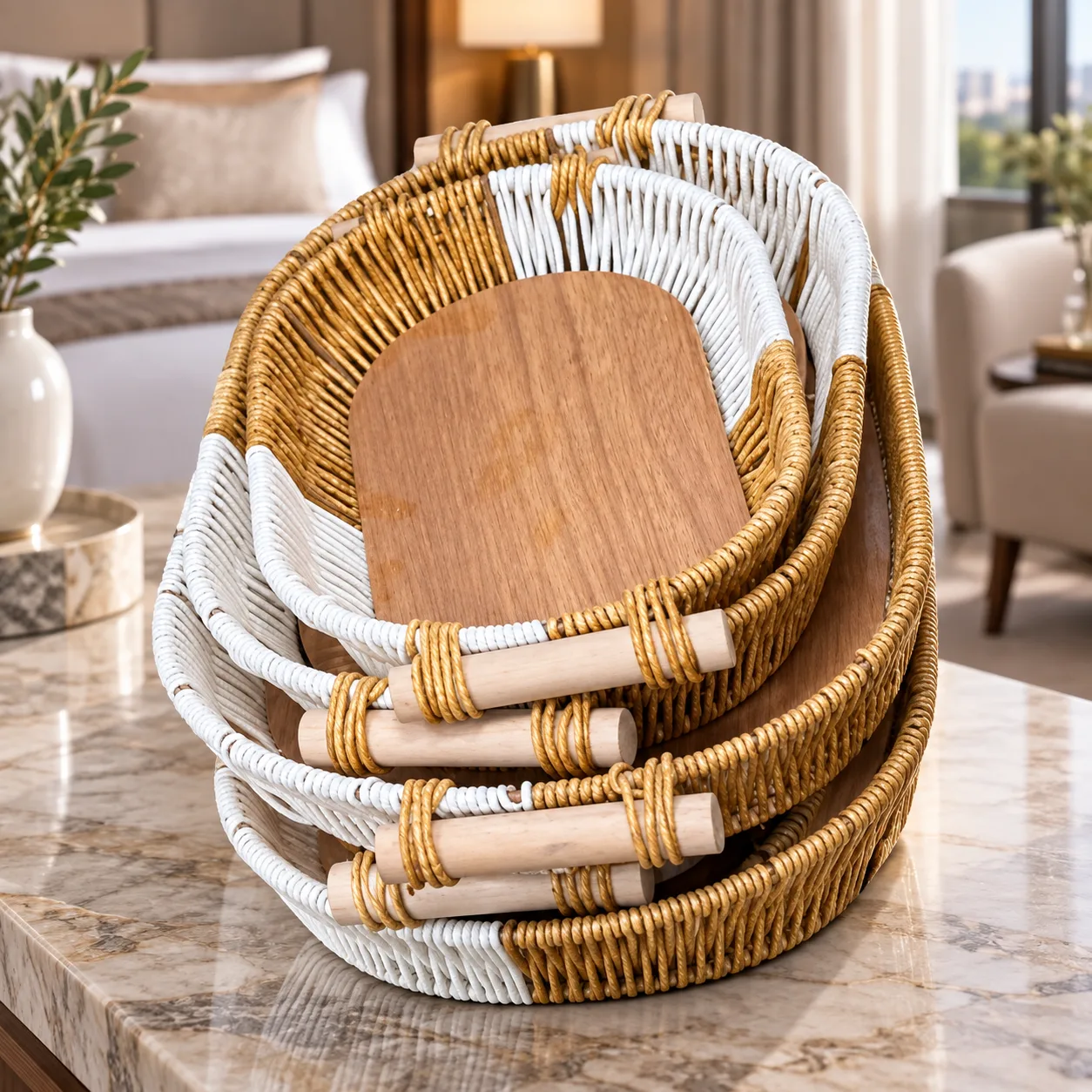 2-Piece Woven Serving Tray Set with Handles