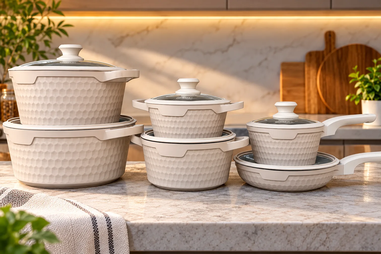 Cream 12-piece pot and cookware set with glass lids