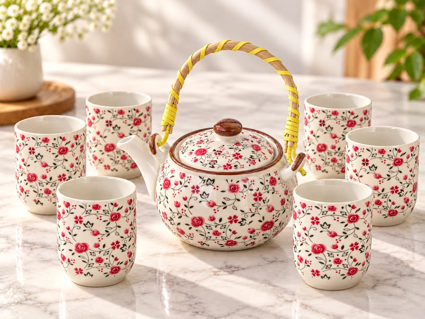 Cream 7-piece tea set with red floral patterns
