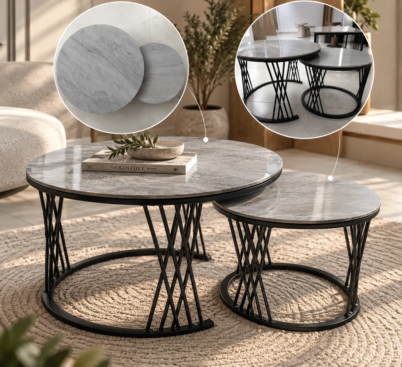 A two-piece gray marble circular coffee table set with a black base