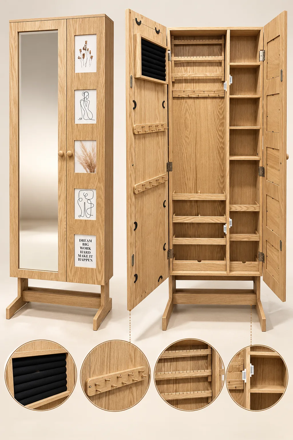 Standing jewelry and accessory cabinet with full mirror and built-in shelves