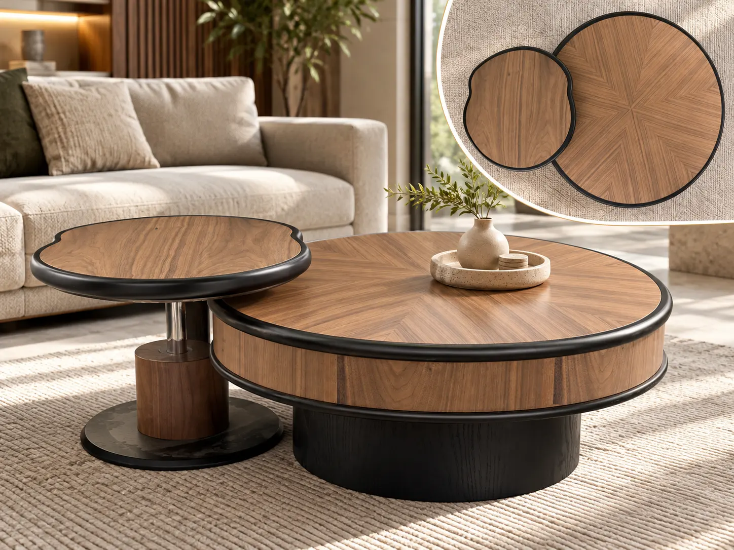 A brown wooden two-piece coffee table set with a black frame and base