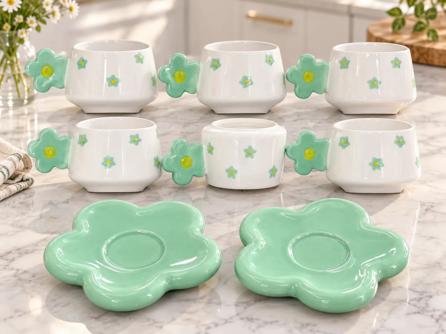 12-piece white and mint green coffee and tea cups set with floral design