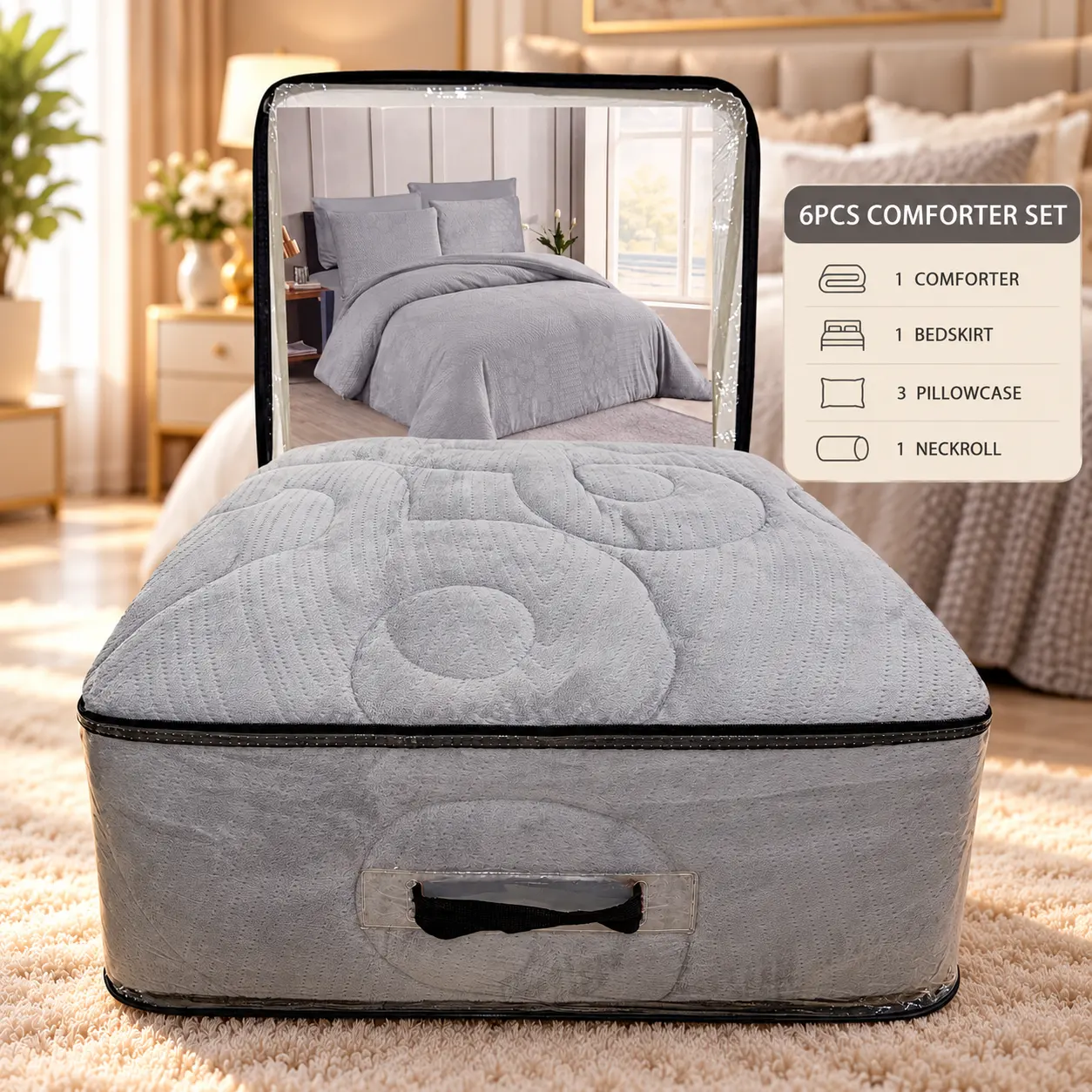 Gray 6-piece bed sheet and comforter set with a prominent pattern