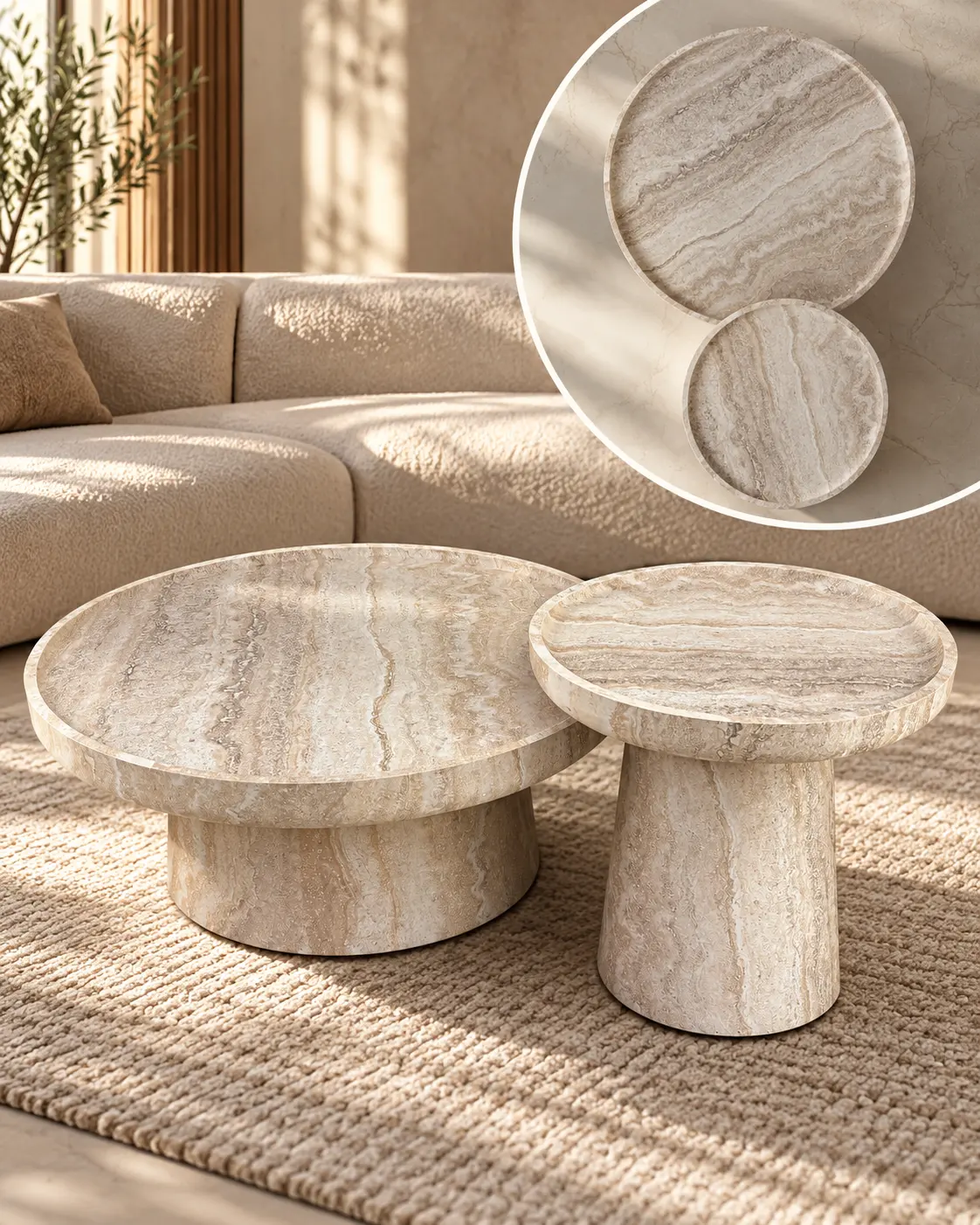 A set of two-piece circular coffee tables with a beige travertine design