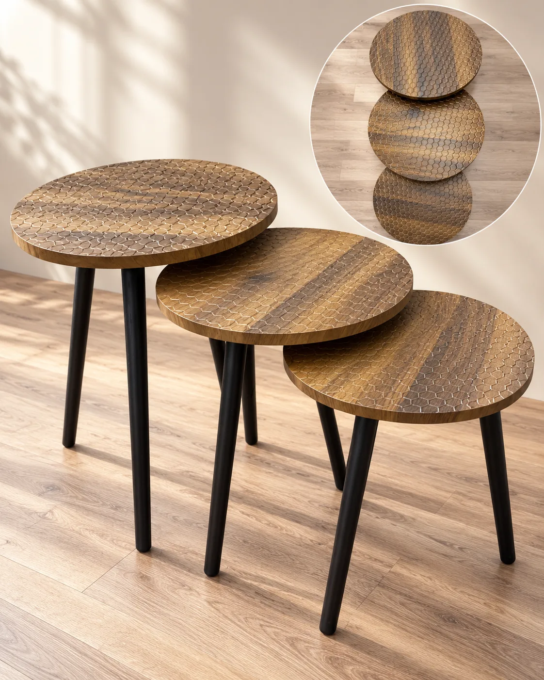 3-piece round side table set with a honeycomb pattern and black legs