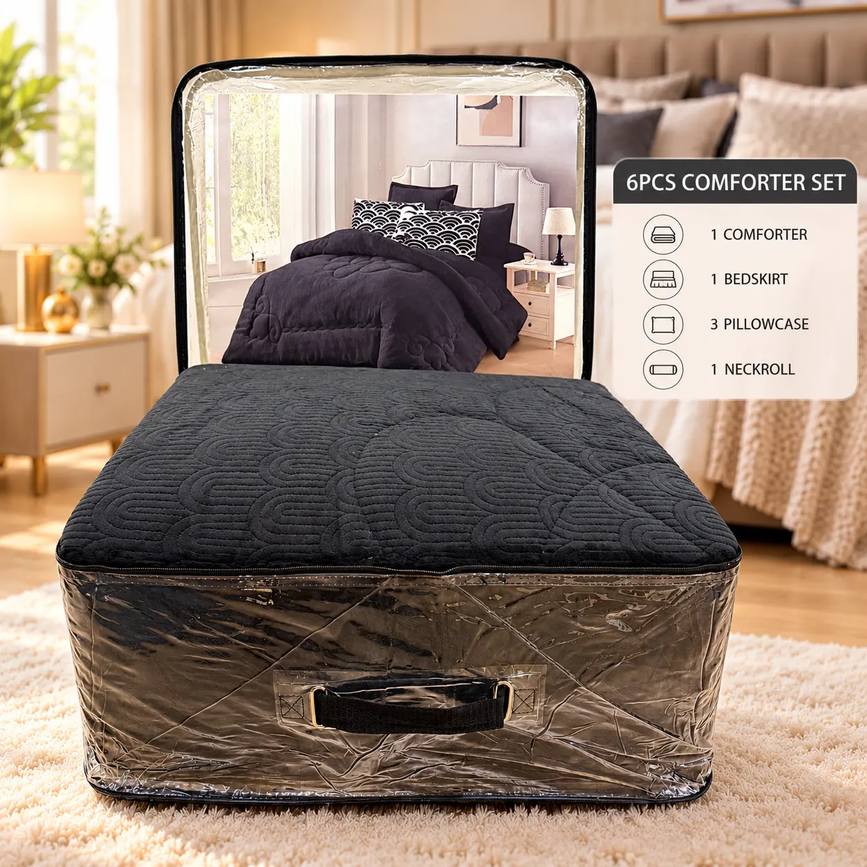 6-piece black bedspread and comforter set with a prominent pattern