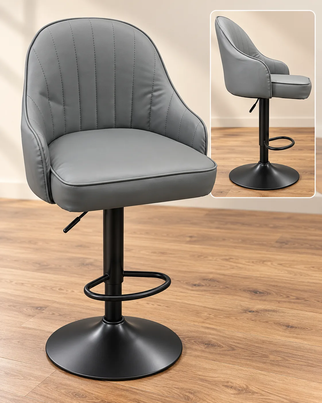 Gray padded height-adjustable bar stool with black base and footstool